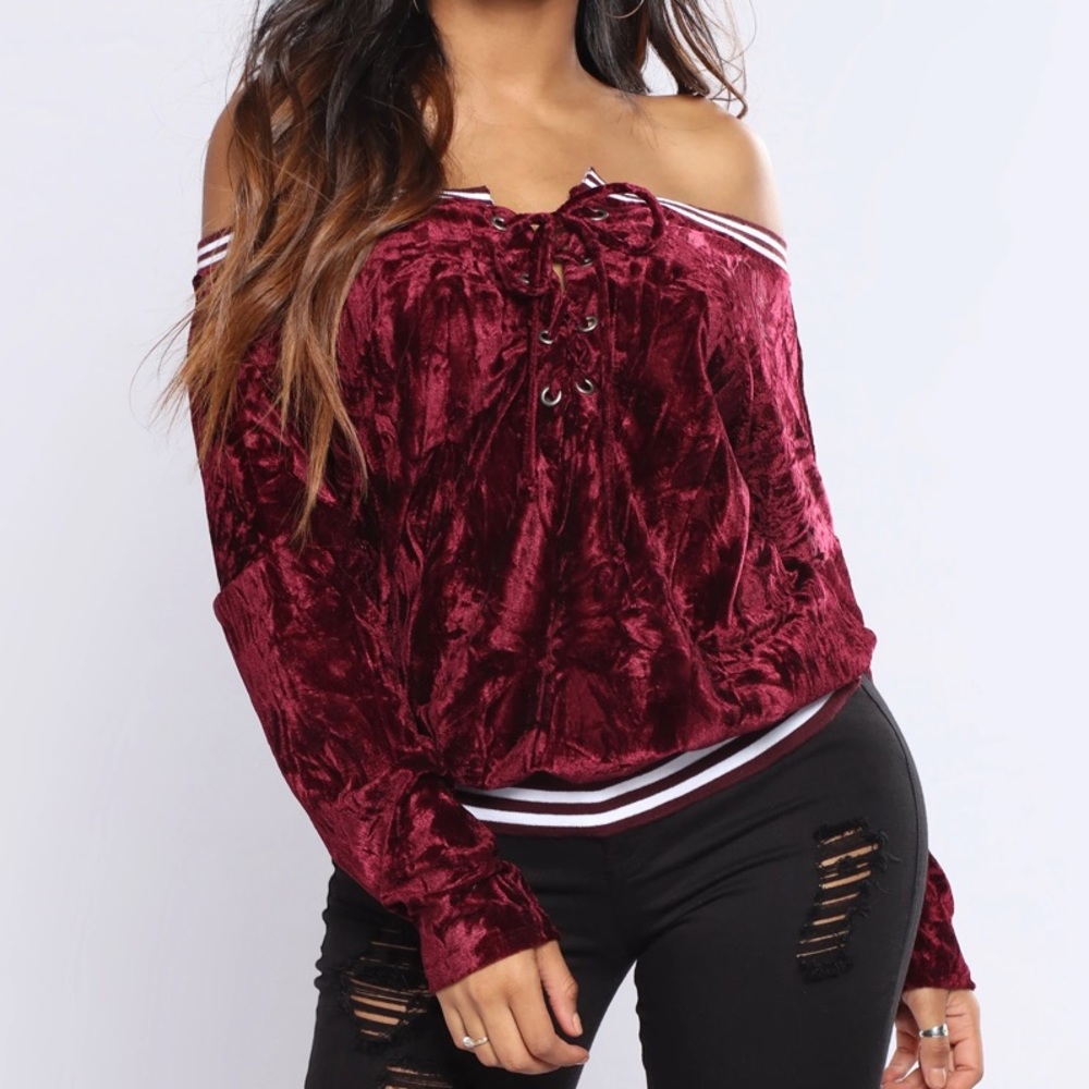 Burgundy Crushed Velvet Off Shoulder Top